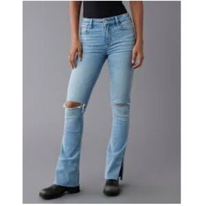 AE Next Level High-Waisted Light Wash Ripped Skinny Kick Jean Size 8